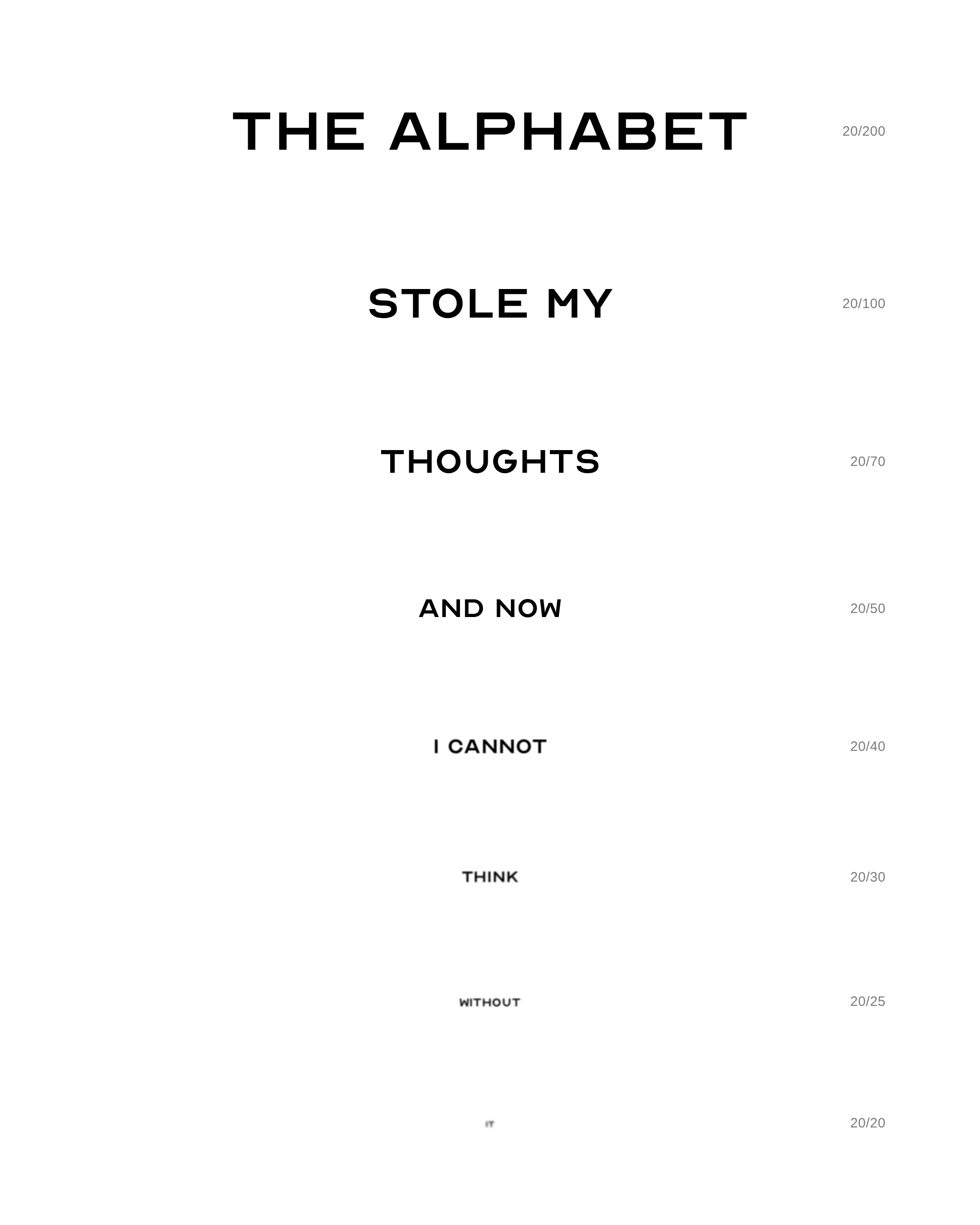 The Alphabet Stole My Thoughts, a typographic work whose sentence fades toward invisibility.
