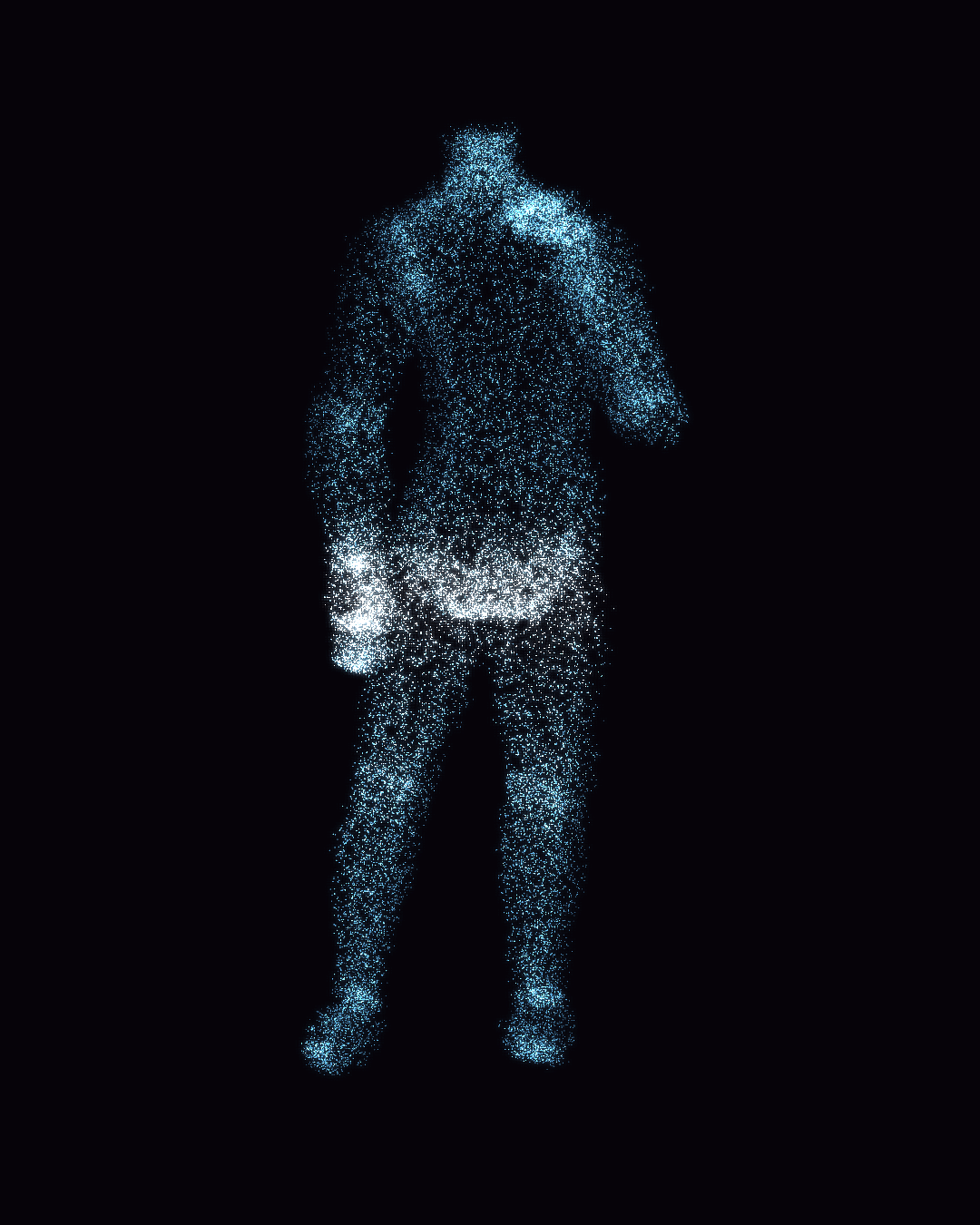 A headless figure made of bright blue particles against darkness